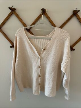 Cream Ribbed Button-Front Women's Cardigan Sweater with wood buttons
